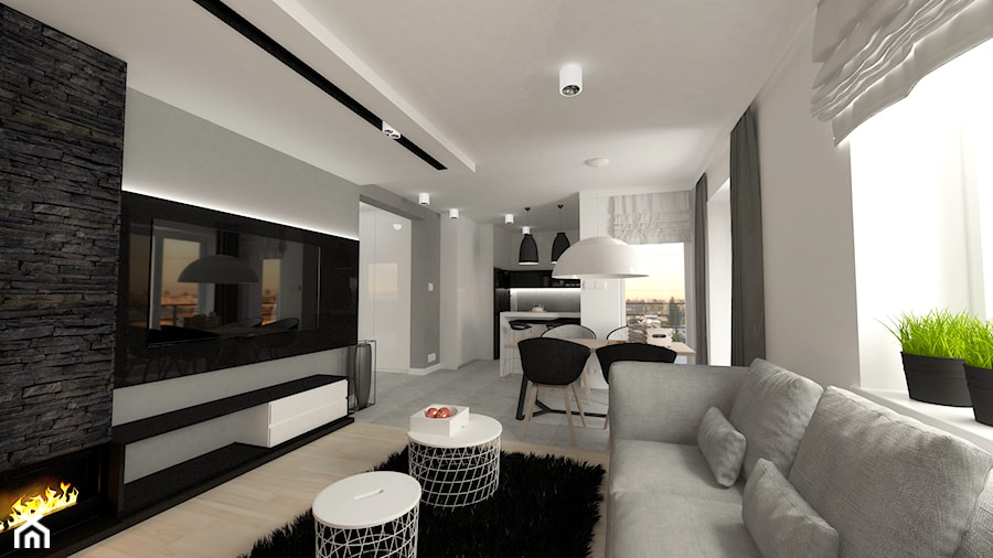 mieszkanie w bloku - Średni biały szary salon z kuchnią z jadalnią, styl nowoczesny - zdjęcie od Am Design Studio projektowania wnętrz