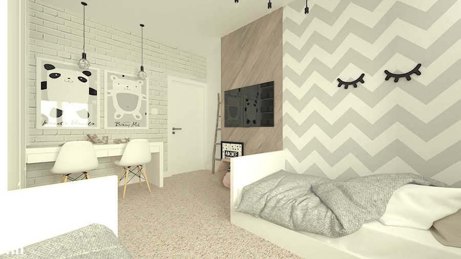 mieszkanie w bloku - Średni beżowy biały szary z panelami tapicerowanymi pokój dziecka dla dziecka dla rodzeństwa, styl nowoczesny - zdjęcie od Am Design Studio projektowania wnętrz