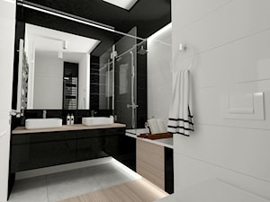 mieszkanie w bloku - Mała bez okna z dwoma umywalkami z punktowym oświetleniem łazienka, styl nowoczesny - zdjęcie od Am Design Studio projektowania wnętrz