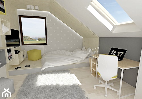 Pokój dla nastolatki na poddaszu - Duży szary pokój dziecka dla nastolatka dla dziewczynki, styl minimalistyczny - zdjęcie od Am Design Studio projektowania wnętrz