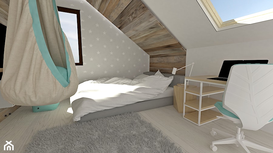 Pokój dla nastolatki na poddaszu - Duży szary pokój dziecka dla nastolatka dla dziewczynki, styl skandynawski - zdjęcie od Am Design Studio projektowania wnętrz