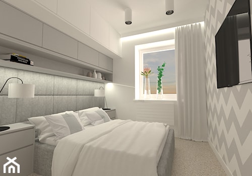 mieszkanie w bloku - Średnia biała szara z panelami tapicerowanymi sypialnia, styl nowoczesny - zdjęcie od Am Design Studio projektowania wnętrz