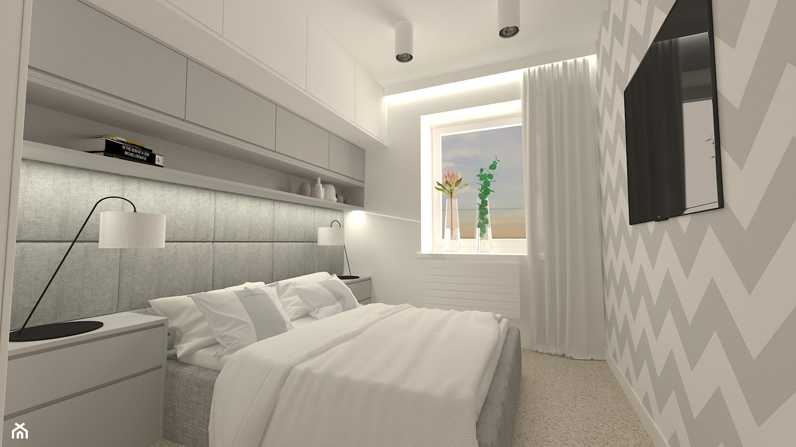 mieszkanie w bloku - Średnia biała szara z panelami tapicerowanymi sypialnia, styl nowoczesny - zdjęcie od Am Design Studio projektowania wnętrz - Homebook