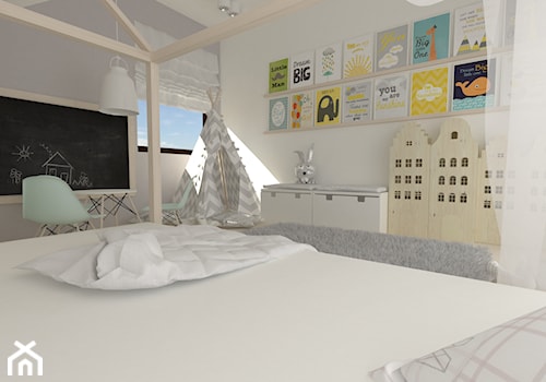 Pokój dla małej dziewczynki na poddaszu - Duży biały szary pokój dziecka dla dziecka dla chłopca dla dziewczynki dla rodzeństwa, styl skandynawski - zdjęcie od Am Design Studio projektowania wnętrz