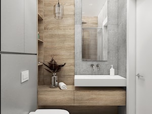 szara łazienka z drewnem - zdjęcie od JUST studio projektowe
