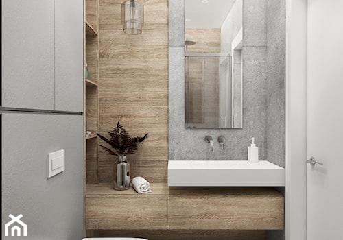 szara łazienka z drewnem - zdjęcie od JUST studio projektowe