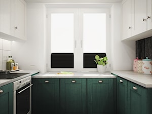 mieszkanie #5, Czarna Białostocka - Mała zamknięta z kamiennym blatem biała szara z zabudowaną lodówką kuchnia w kształcie litery u z oknem, styl nowoczesny - zdjęcie od JUST studio projektowe