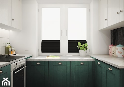 mieszkanie #5, Czarna Białostocka - Mała zamknięta z kamiennym blatem biała szara z zabudowaną lodówką kuchnia w kształcie litery u z oknem, styl nowoczesny - zdjęcie od JUST studio projektowe
