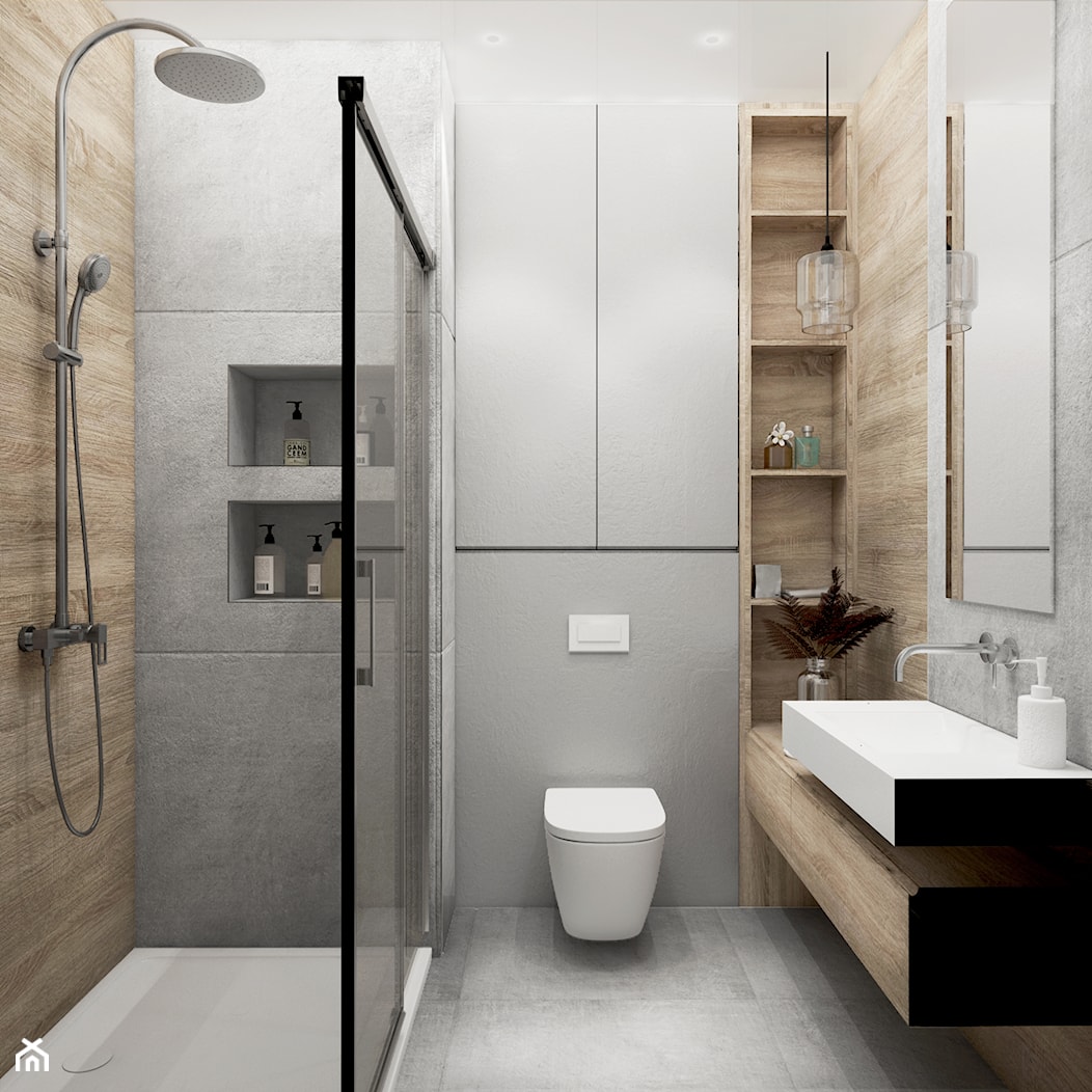 szara łazienka z drewnem - zdjęcie od JUST studio projektowe - Homebook