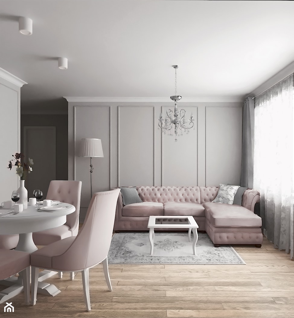 mieszkanie #18, Białystok - Średni biały szary salon z jadalnią, styl tradycyjny - zdjęcie od JUST studio projektowe - Homebook