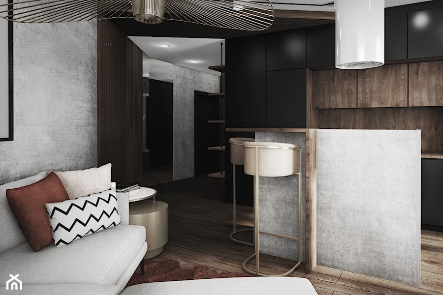 mieszkanie #8, Warszawa - Mały szary salon z kuchnią z jadalnią, styl industrialny - zdjęcie od JUST studio projektowe