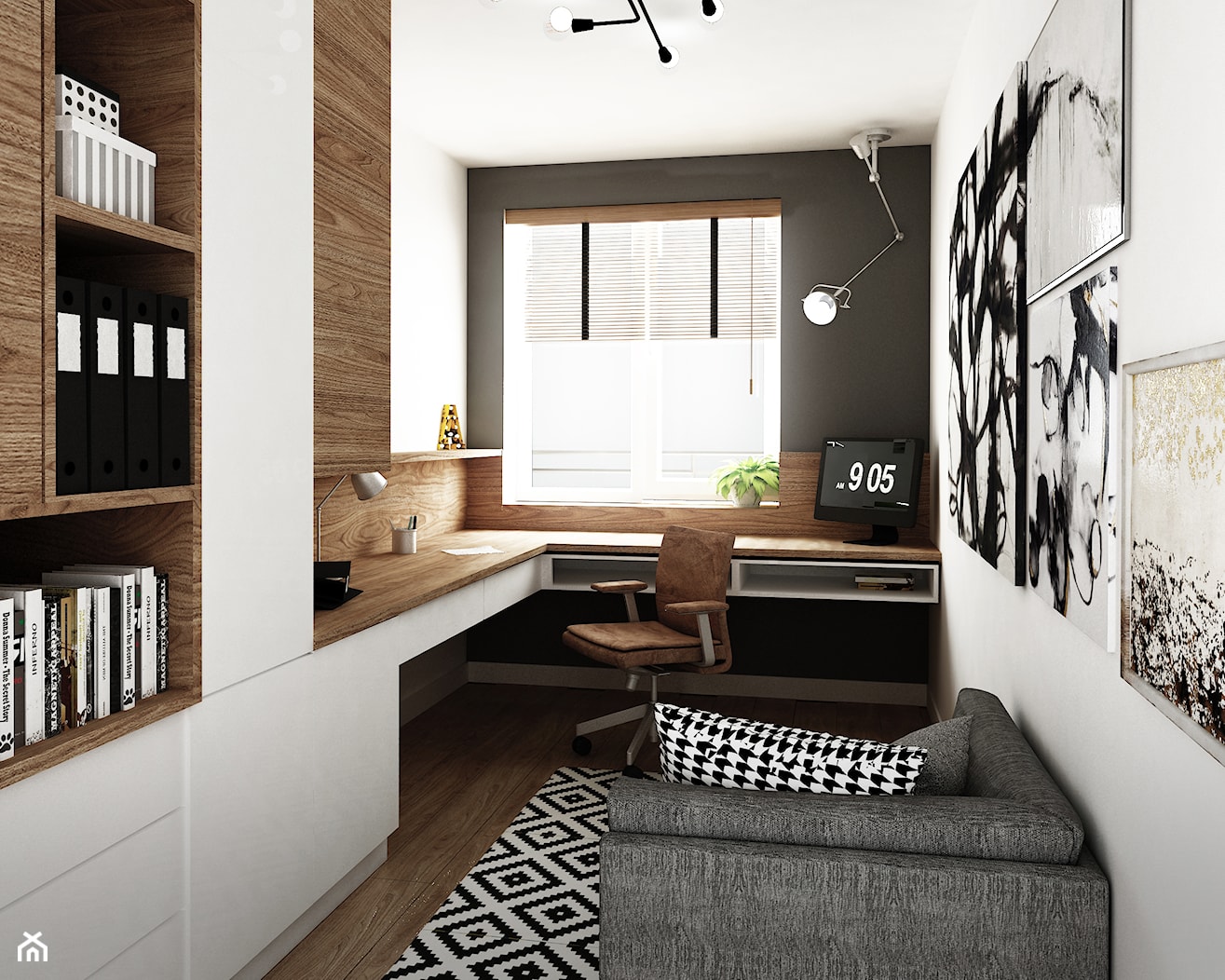 mieszkanie #2, Białystok - Średnie w osobnym pomieszczeniu z sofą z zabudowanym biurkiem biuro, styl nowoczesny - zdjęcie od JUST studio projektowe - Homebook
