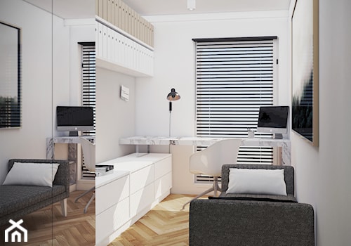 mieszkanie #7, Gdańsk - Małe w osobnym pomieszczeniu z sofą z zabudowanym biurkiem białe biuro, styl nowoczesny - zdjęcie od JUST studio projektowe