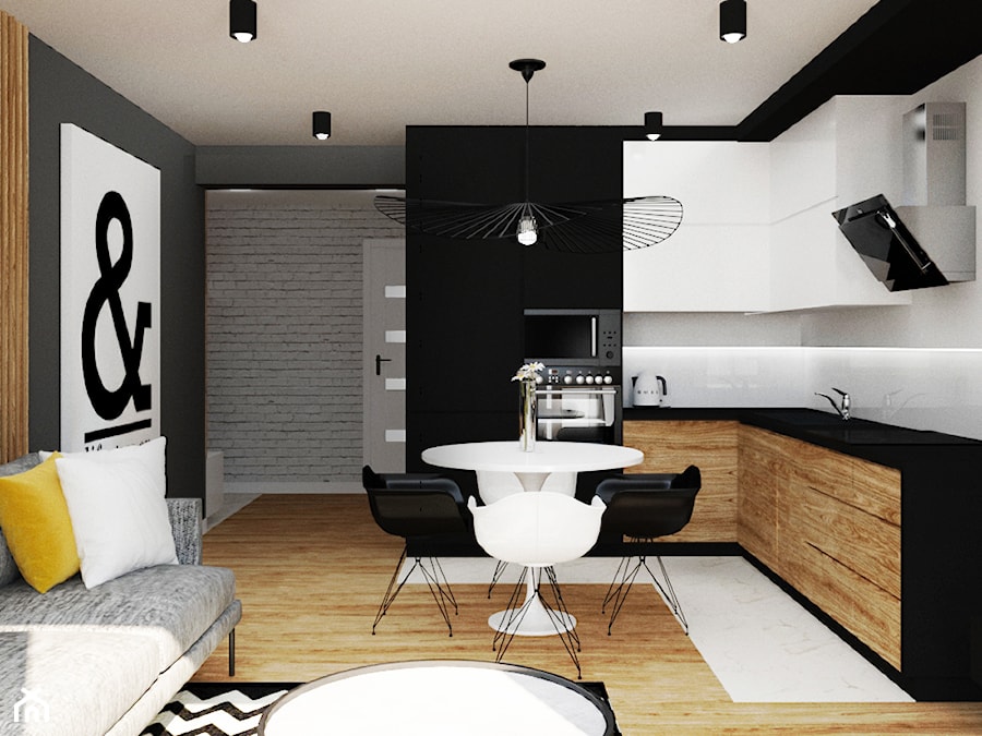 mieszkanie #1, Lublin - Mała otwarta z salonem biała z zabudowaną lodówką kuchnia w kształcie litery l, styl nowoczesny - zdjęcie od JUST studio projektowe