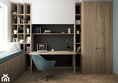 mieszkanie #15, Białystok - Małe w osobnym pomieszczeniu z zabudowanym biurkiem białe czarne szare biuro, styl nowoczesny - zdjęcie od JUST studio projektowe