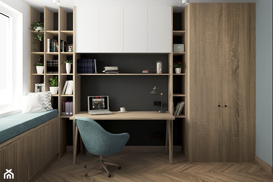 mieszkanie #15, Białystok - Małe w osobnym pomieszczeniu z zabudowanym biurkiem białe czarne szare biuro, styl nowoczesny - zdjęcie od JUST studio projektowe