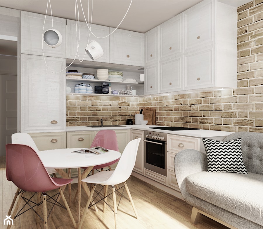 mieszkanie #3, Białystok - Mała z salonem z zabudowaną lodówką z podblatowym zlewozmywakiem kuchnia w kształcie litery l, styl skandynawski - zdjęcie od JUST studio projektowe