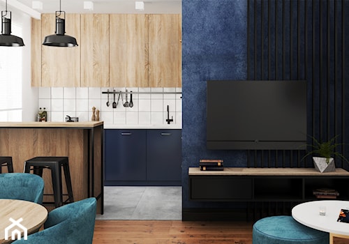 mieszkanie #17, Białystok - Średni biały niebieski salon z kuchnią z jadalnią, styl nowoczesny - zdjęcie od JUST studio projektowe