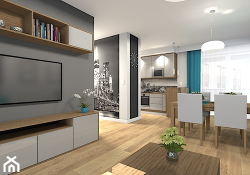 Mieszkanie 84m2 Warszawa - Wilanów - Średni biały szary salon z kuchnią z jadalnią z bibiloteczką, styl nowoczesny - zdjęcie od Medyńscy Projektowanie