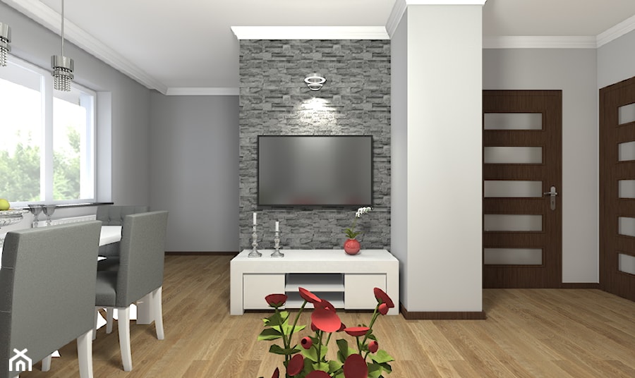 Segment w Warszawie - wybrane pomieszczenia - Średni biały szary salon z jadalnią, styl glamour - zdjęcie od Medyńscy Projektowanie