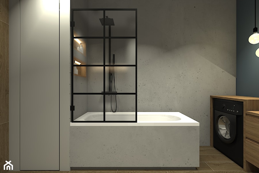 Segment w Kobyłce - część dzienna z łazienką - Średnia bez okna z pralką / suszarką łazienka, styl industrialny - zdjęcie od Medyńscy Projektowanie