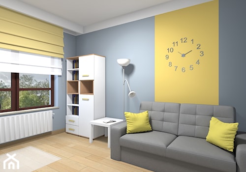 Mieszkanie w Warszawie 113m2 - Średnie z sofą szare żółte biuro - zdjęcie od Medyńscy Projektowanie