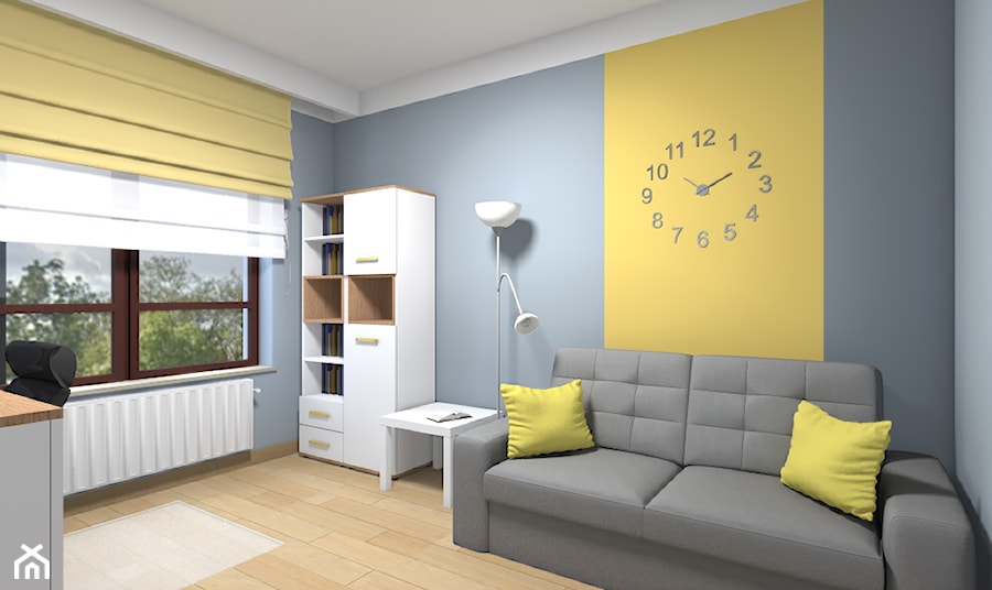 Mieszkanie w Warszawie 113m2 - Średnie z sofą szare żółte biuro - zdjęcie od Medyńscy Projektowanie