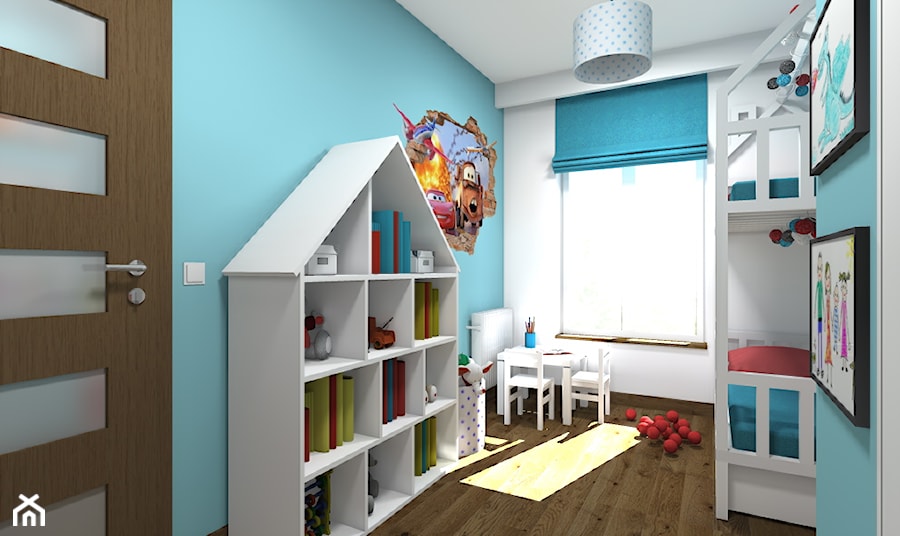 Mieszkanie 2-poziomowe 80m2 w Warszawie - Średni biały niebieski pokój dziecka dla dziecka dla chłopca dla dziewczynki dla rodzeństwa - zdjęcie od Medyńscy Projektowanie