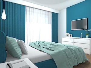 Mieszkanie 94m2 Warszawa-Wilanów - Mała biała niebieska szara sypialnia, styl nowoczesny - zdjęcie od Medyńscy Projektowanie