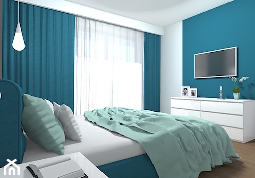 Mieszkanie 94m2 Warszawa-Wilanów - Mała biała niebieska szara sypialnia, styl nowoczesny - zdjęcie od Medyńscy Projektowanie