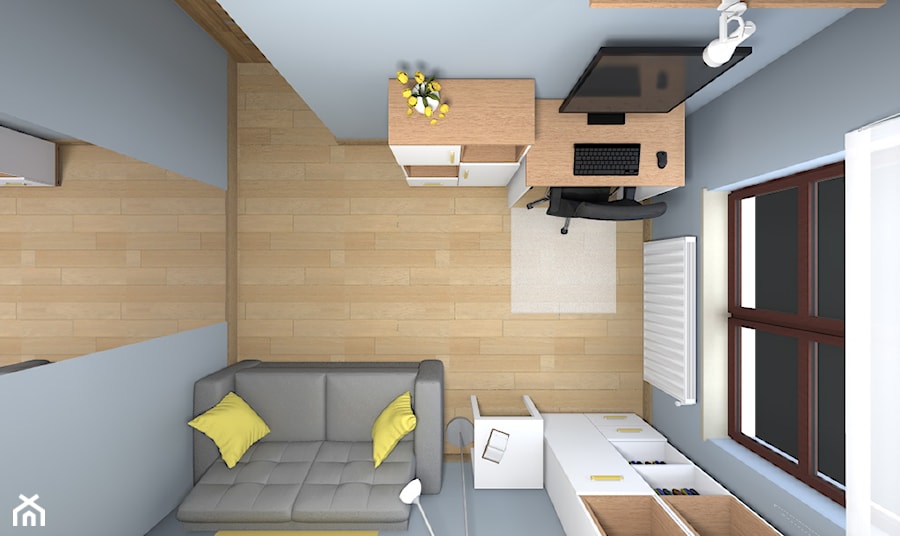 Mieszkanie w Warszawie 113m2 - Średnie w osobnym pomieszczeniu z sofą szare biuro - zdjęcie od Medyńscy Projektowanie