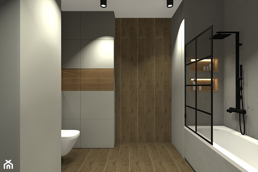 Segment w Kobyłce - część dzienna z łazienką - Średnia bez okna z punktowym oświetleniem łazienka, styl industrialny - zdjęcie od Medyńscy Projektowanie
