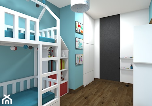 Mieszkanie 2-poziomowe 80m2 w Warszawie - Średni biały niebieski pokój dziecka dla dziecka dla nastolatka dla chłopca dla dziewczynki dla rodzeństwa - zdjęcie od Medyńscy Projektowanie