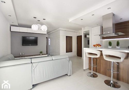 Mieszkanie 50m2 Warszawa Mokotów - REALIZACJA - Średni biały szary salon z kuchnią z jadalnią, styl nowoczesny - zdjęcie od Medyńscy Projektowanie