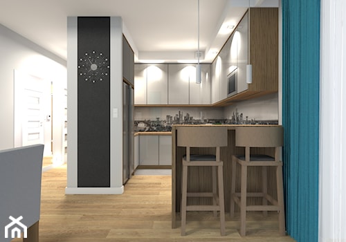 Mieszkanie 84m2 Warszawa - Wilanów - Średnia otwarta szara z zabudowaną lodówką kuchnia w kształcie litery g, styl nowoczesny - zdjęcie od Medyńscy Projektowanie