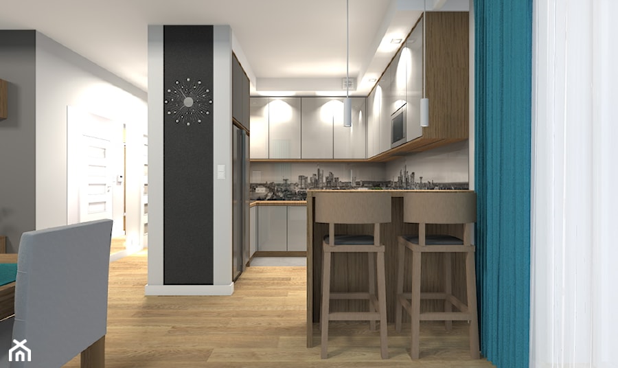 Mieszkanie 84m2 Warszawa - Wilanów - Średnia otwarta szara z zabudowaną lodówką kuchnia w kształcie litery g, styl nowoczesny - zdjęcie od Medyńscy Projektowanie