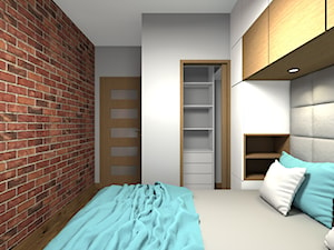 Mieszkanie 2-poziomowe 80m2 w Warszawie - Mała biała brązowa szara sypialnia z garderobą - zdjęcie od Medyńscy Projektowanie