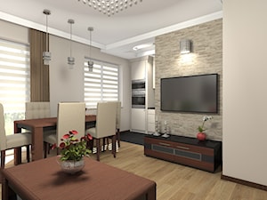 Segment w Warszawie - wybrane pomieszczenia - Średni beżowy salon z kuchnią z jadalnią z tarasem / balkonem, styl glamour - zdjęcie od Medyńscy Projektowanie