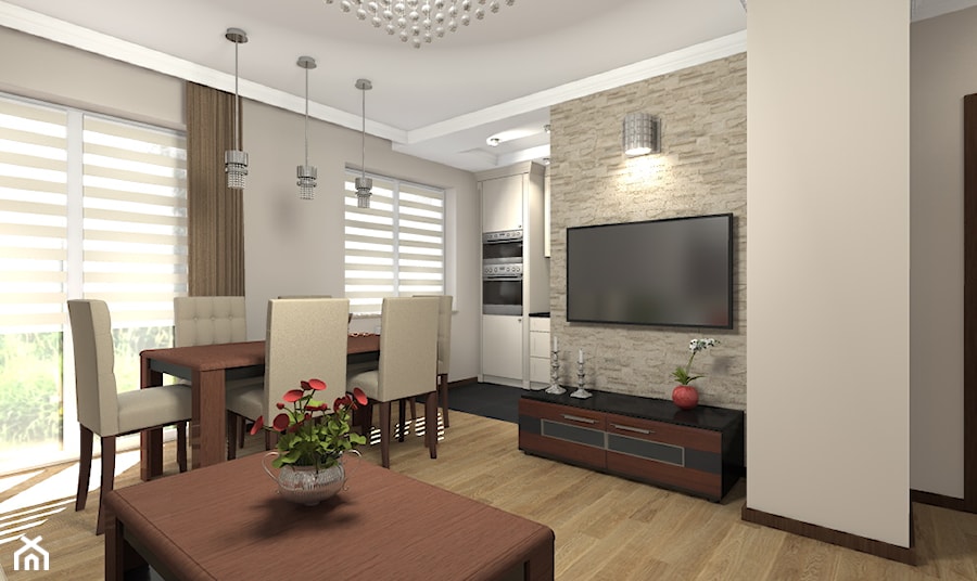 Segment w Warszawie - wybrane pomieszczenia - Średni beżowy salon z kuchnią z jadalnią z tarasem / balkonem, styl glamour - zdjęcie od Medyńscy Projektowanie