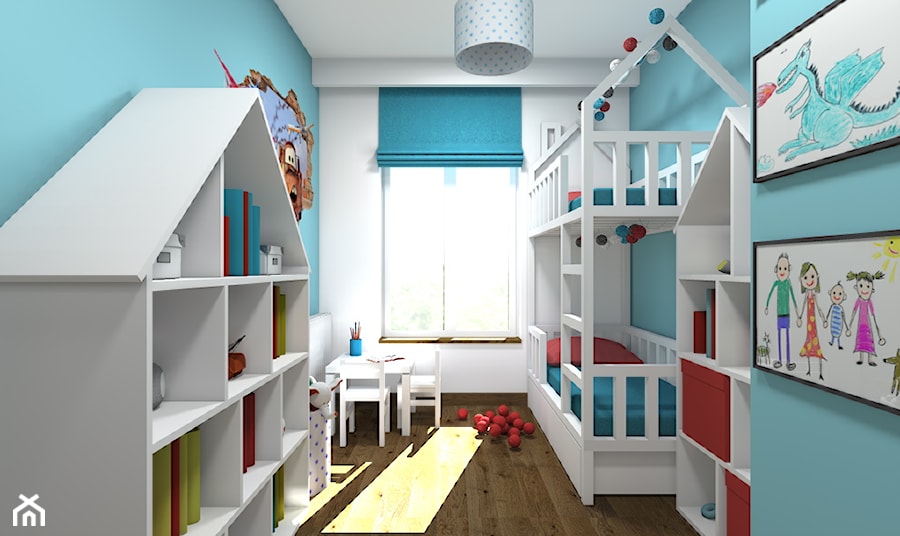Mieszkanie 2-poziomowe 80m2 w Warszawie - Średni szary niebieski pokój dziecka dla dziecka dla chłopca dla dziewczynki dla rodzeństwa - zdjęcie od Medyńscy Projektowanie