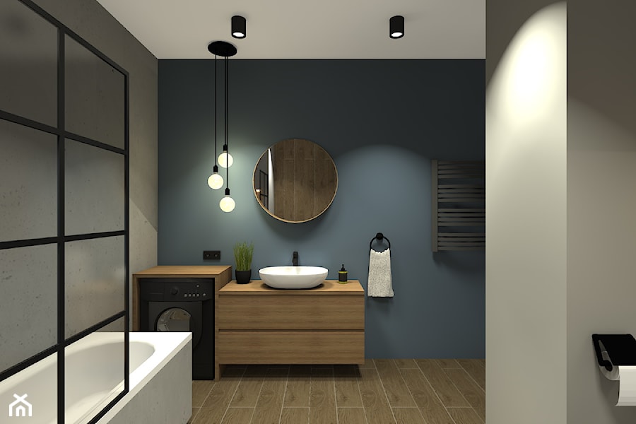 Segment w Kobyłce - część dzienna z łazienką - Duża bez okna z pralką / suszarką z lustrem z punktowym oświetleniem łazienka, styl industrialny - zdjęcie od Medyńscy Projektowanie