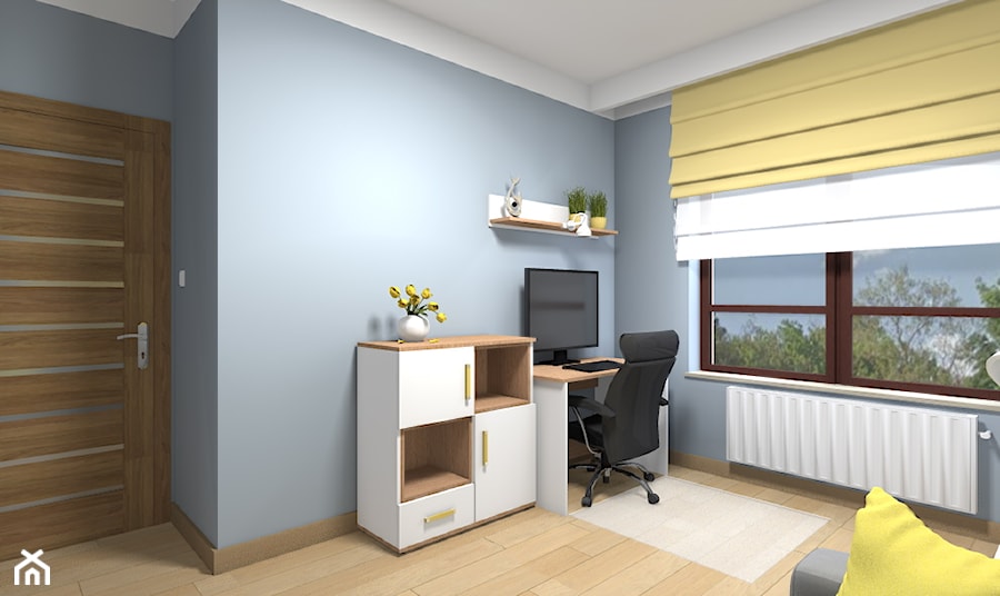Mieszkanie w Warszawie 113m2 - Średnie w osobnym pomieszczeniu z sofą niebieskie biuro - zdjęcie od Medyńscy Projektowanie