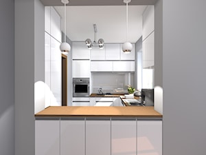 Wybrane wnętrza domu w Miedzeszynie - Średnia otwarta zamknięta szara z zabudowaną lodówką z nablatowym zlewozmywakiem kuchnia w kształcie litery u z oknem, styl nowoczesny - zdjęcie od Medyńscy Projektowanie