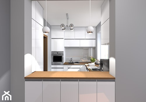 Wybrane wnętrza domu w Miedzeszynie - Średnia otwarta zamknięta szara z zabudowaną lodówką z nablatowym zlewozmywakiem kuchnia w kształcie litery u z oknem, styl nowoczesny - zdjęcie od Medyńscy Projektowanie