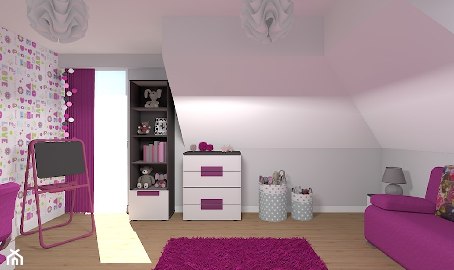 Pokój dla dziewczynki - Duży biały różowy szary pokój dziecka dla nastolatka dla dziewczynki, styl nowoczesny - zdjęcie od Medyńscy Projektowanie