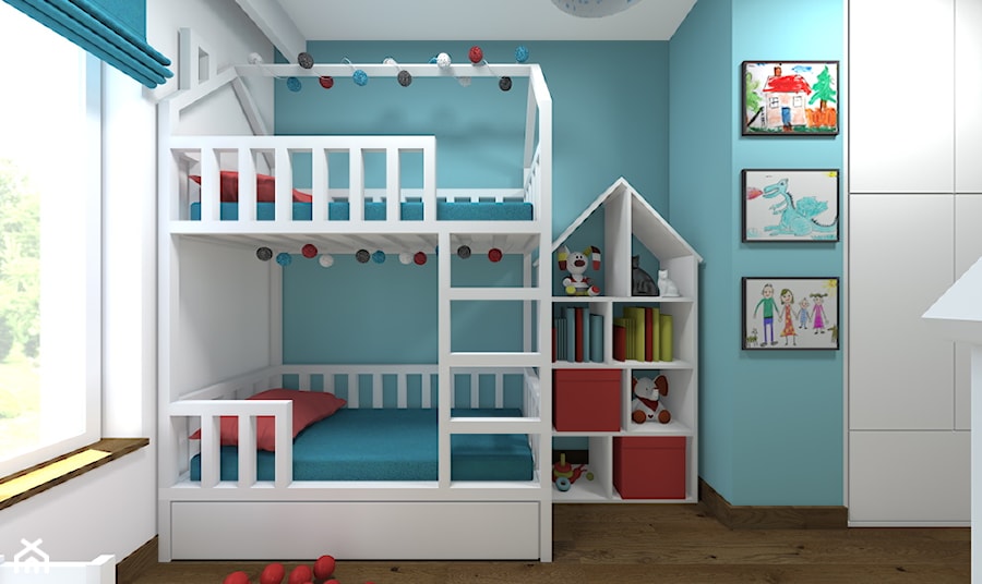 Mieszkanie 2-poziomowe 80m2 w Warszawie - Mały biały niebieski pokój dziecka dla dziecka dla chłopca dla dziewczynki dla rodzeństwa - zdjęcie od Medyńscy Projektowanie