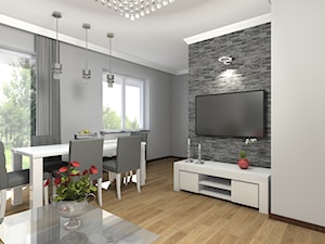 Segment w Warszawie - wybrane pomieszczenia - Mały szary salon z jadalnią, styl glamour - zdjęcie od Medyńscy Projektowanie