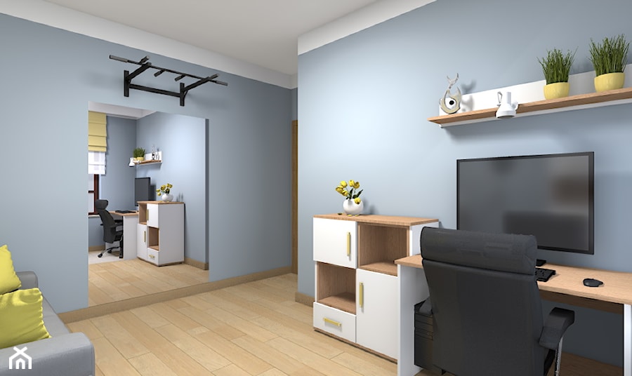 Mieszkanie w Warszawie 113m2 - Średnie w osobnym pomieszczeniu z sofą niebieskie biuro - zdjęcie od Medyńscy Projektowanie
