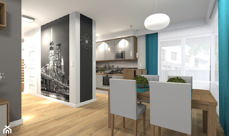 Mieszkanie 84m2 Warszawa - Wilanów - Średnia biała czarna szara jadalnia jako osobne pomieszczenie, styl nowoczesny - zdjęcie od Medyńscy Projektowanie