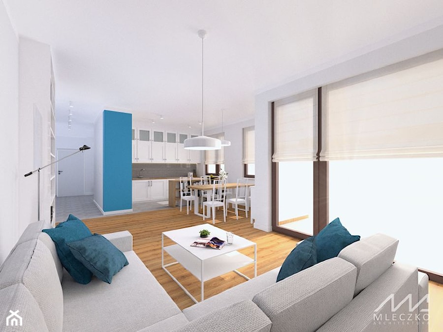 Mieszkanie w Konstancinie - Mały biały salon z kuchnią z jadalnią, styl nowoczesny - zdjęcie od mleczko architektura